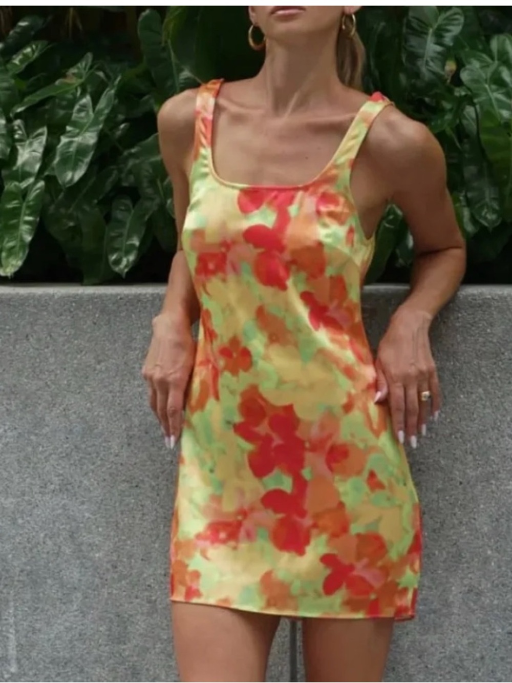 Rumored Monaco Yellow Orange Floral Satin Mini Slip Dress Size M NWT
